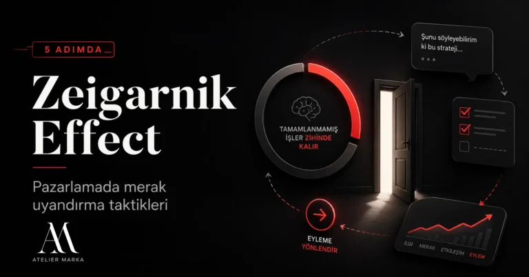 Zeigarnik Effect pazarlama taktikleri için merak ve tamamlanmamış döngü temasını anlatan Atelier Marka görseli
