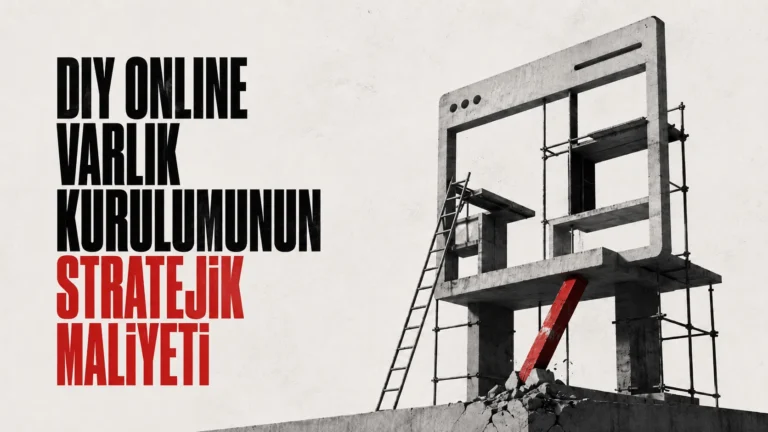 Online varlık kurulumunun stratejik maliyetini anlatan, beton web yapısı ve kırmızı destek kirişi kullanılan brutalist Atelier Marka görseli