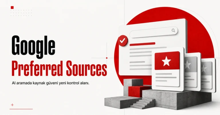 Google Preferred Sources ve AI Overviews kaynak görünürlüğünü anlatan Türkçe editorial görsel