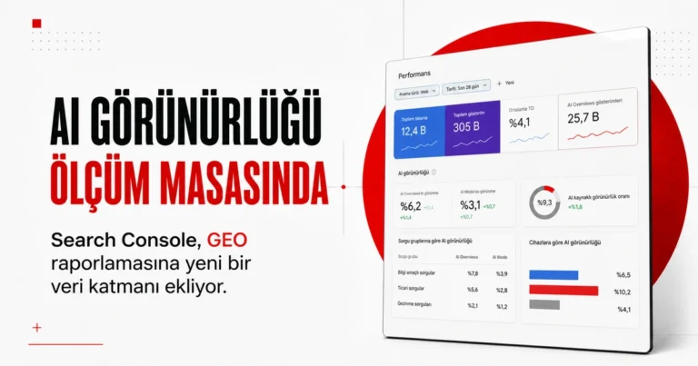 Search Console AI görünürlük raporları ve GEO ölçümlemeyi anlatan Türkçe editorial görsel