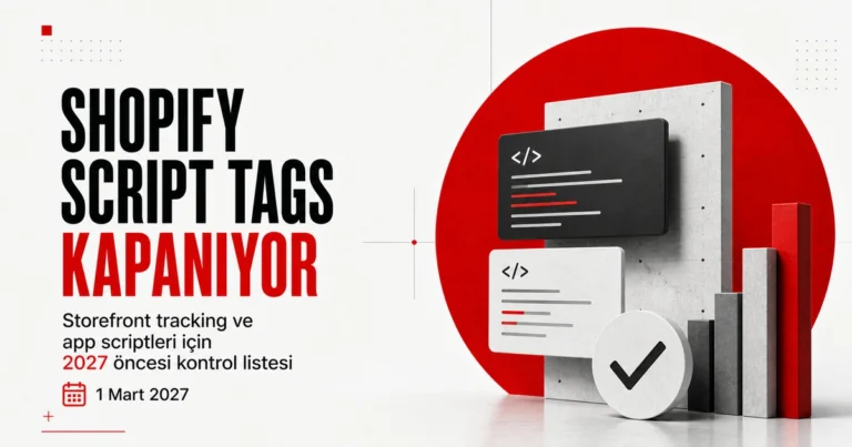 Shopify script tags deprecation ve storefront tracking kontrol listesini anlatan Türkçe editorial görsel